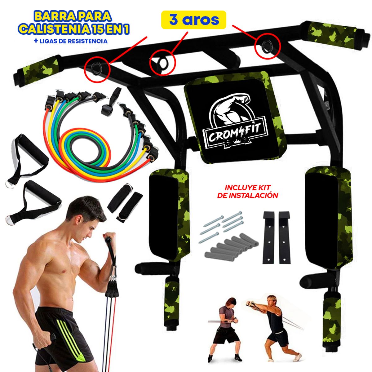 HOLGU - Barra calistenia 15 en 1 (3 AROS ) + Pack 5 ligas