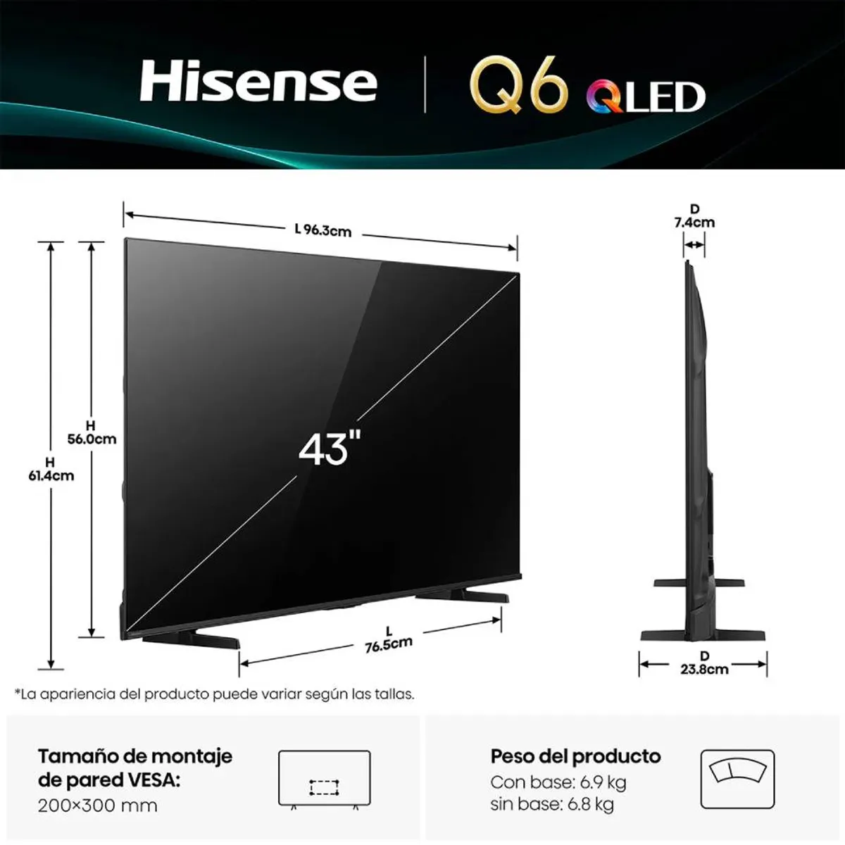 Hisense - Televisor Hisense Smart TV 43 QLED 4K UHD 43Q6QV