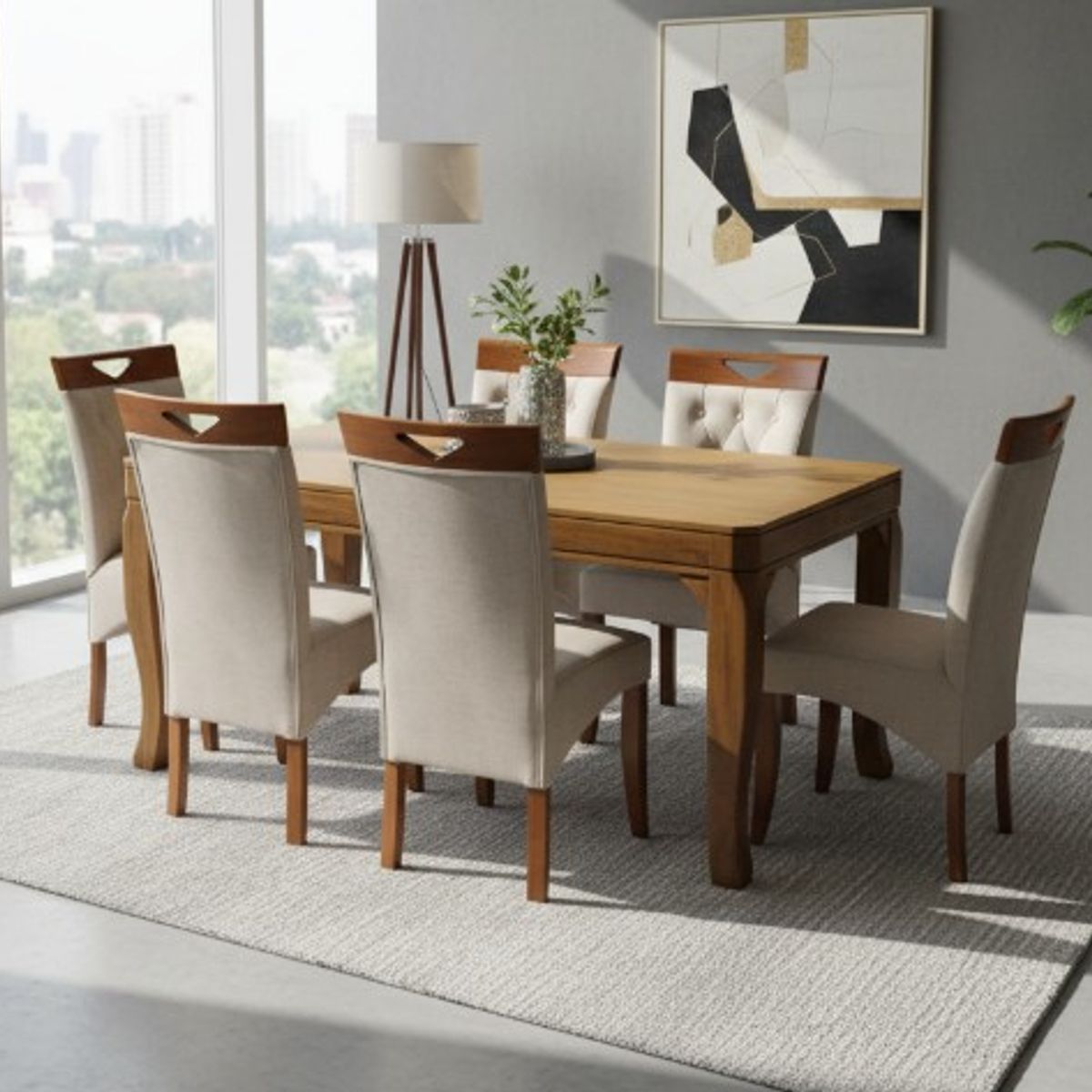 ALTO HOGAR - Juego De Comedor Almendra 6 Sillas Beige Madera Tornillo