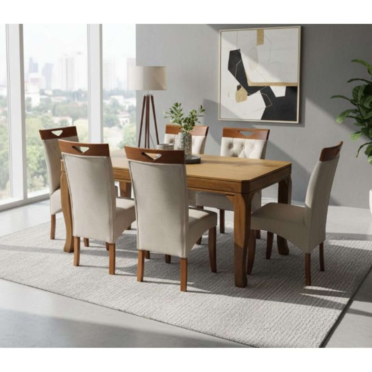 ALTO HOGAR - Juego De Comedor Almendra 6 Sillas Beige Madera Tornillo