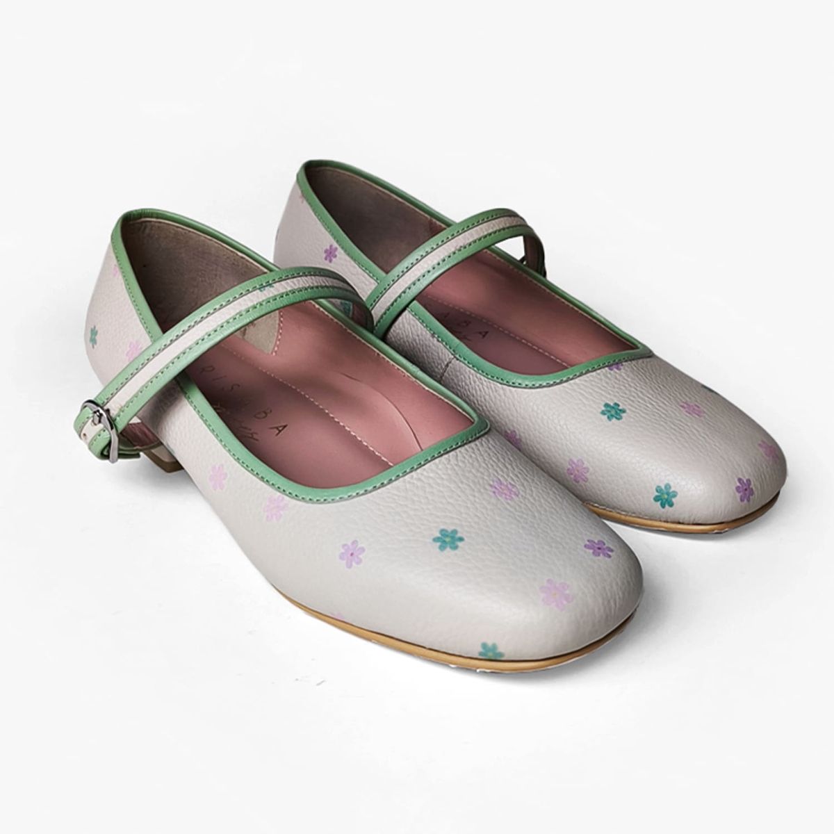 IRISABA - BALERINAS DE CUERO IRISABA MAGNOLIA VAINILLA CON VERDE MENTA