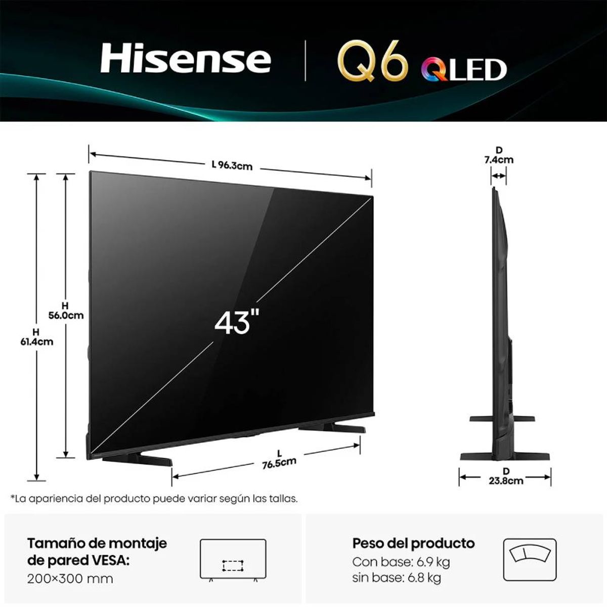 HISENSE - Televisor Hisense Smart TV 43 QLED 4K UHD 43Q6QV