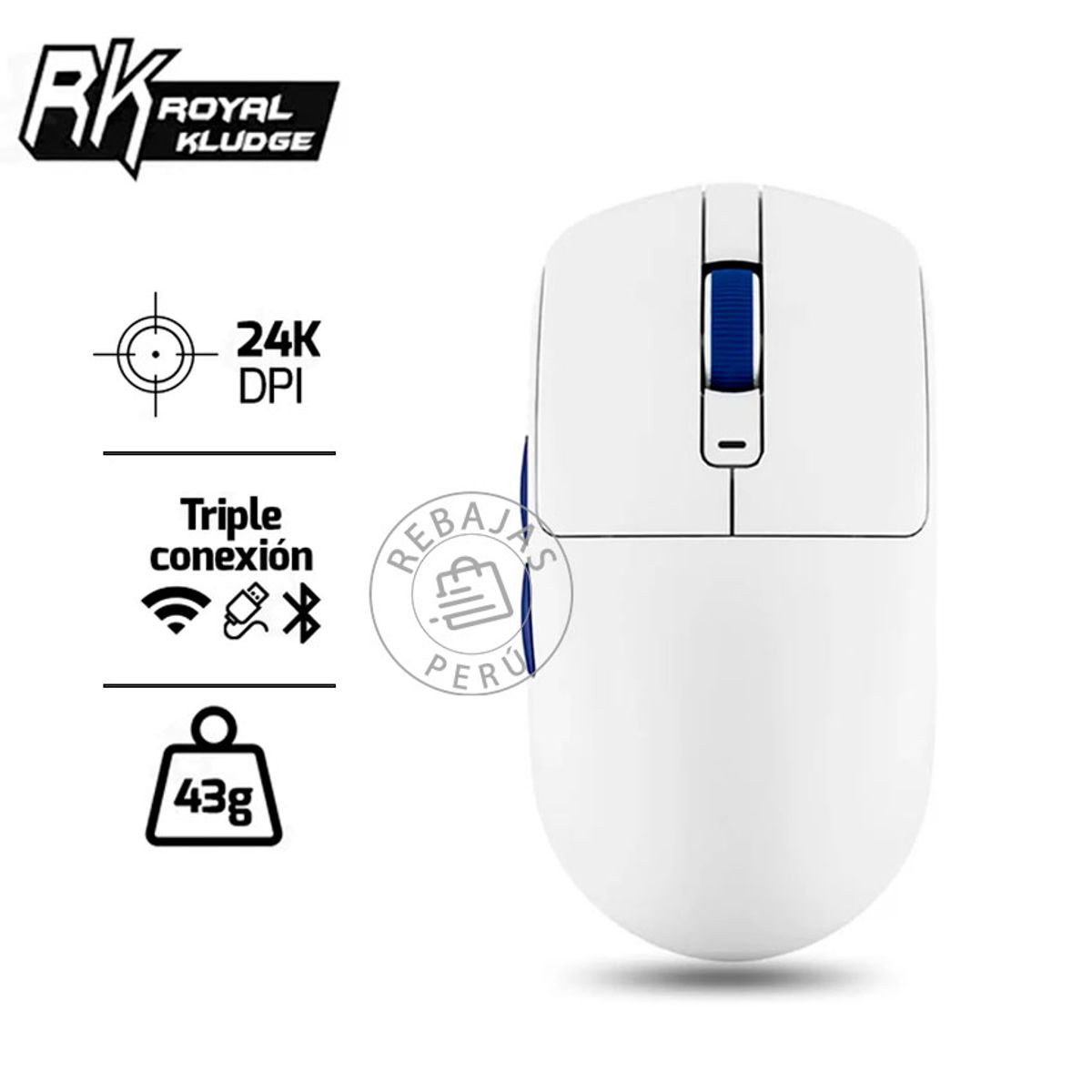 ROYAL KLUDGE - Mouse Inalámbrico Royal Kludge M30 5 Botones 24000 DPI White Blue