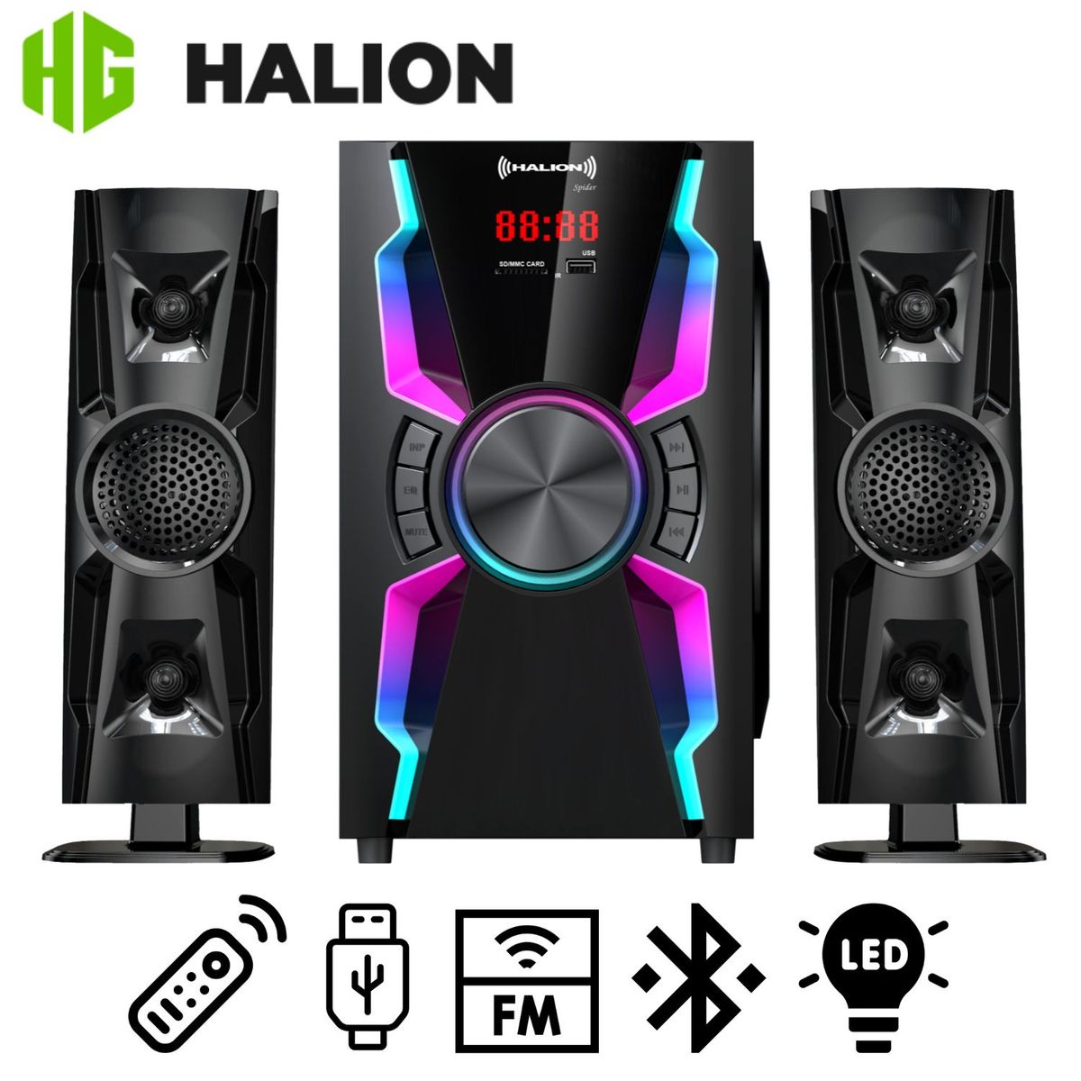 HALION - Parlante Halion HA-F55 Spider 2.1 Bluetooth Subwoofer 6,5″ Luces LED