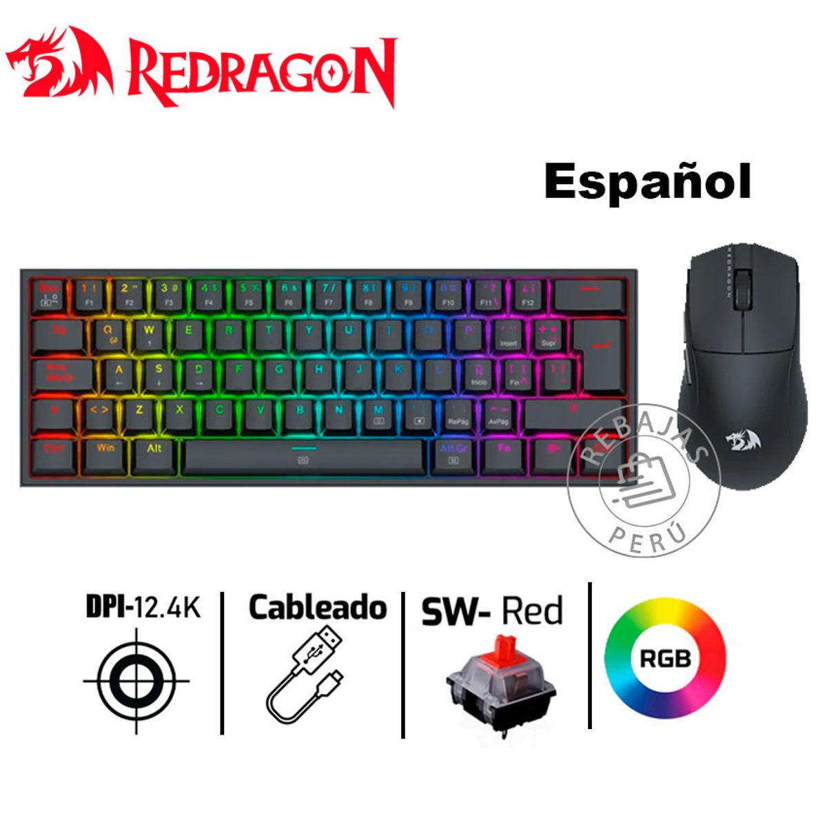 REDRAGON - Combo Redragon S143 Teclado K617RGB + Mouse M724 Black Español