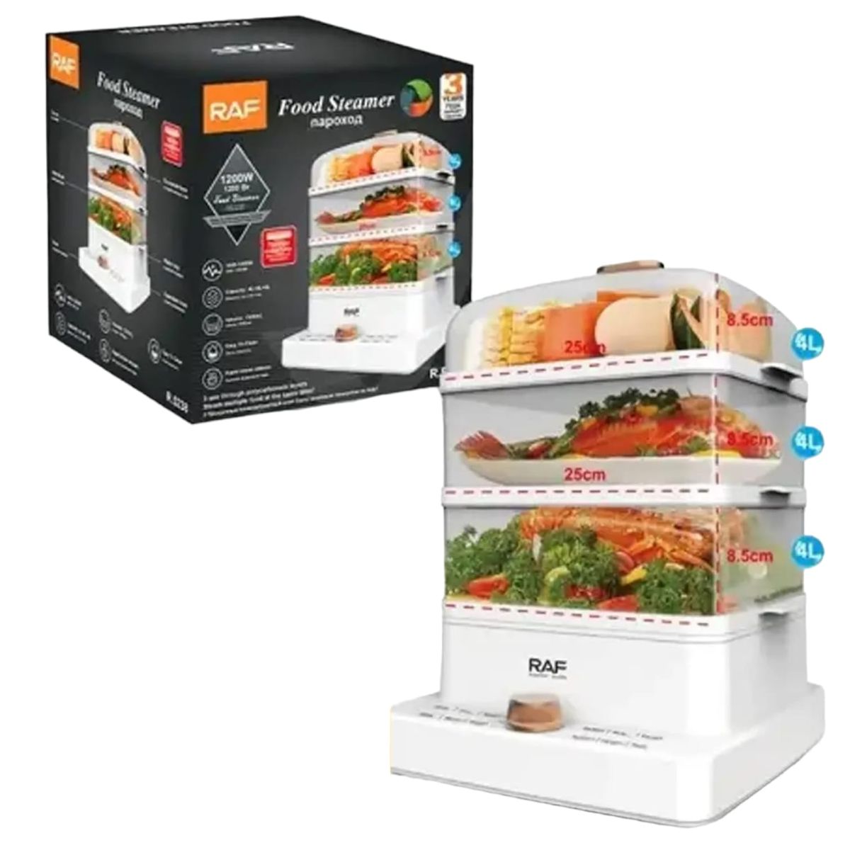 RAFF - Vaporera Electrica Raf 1200w Coccion Al Vapor De 3 Niveles