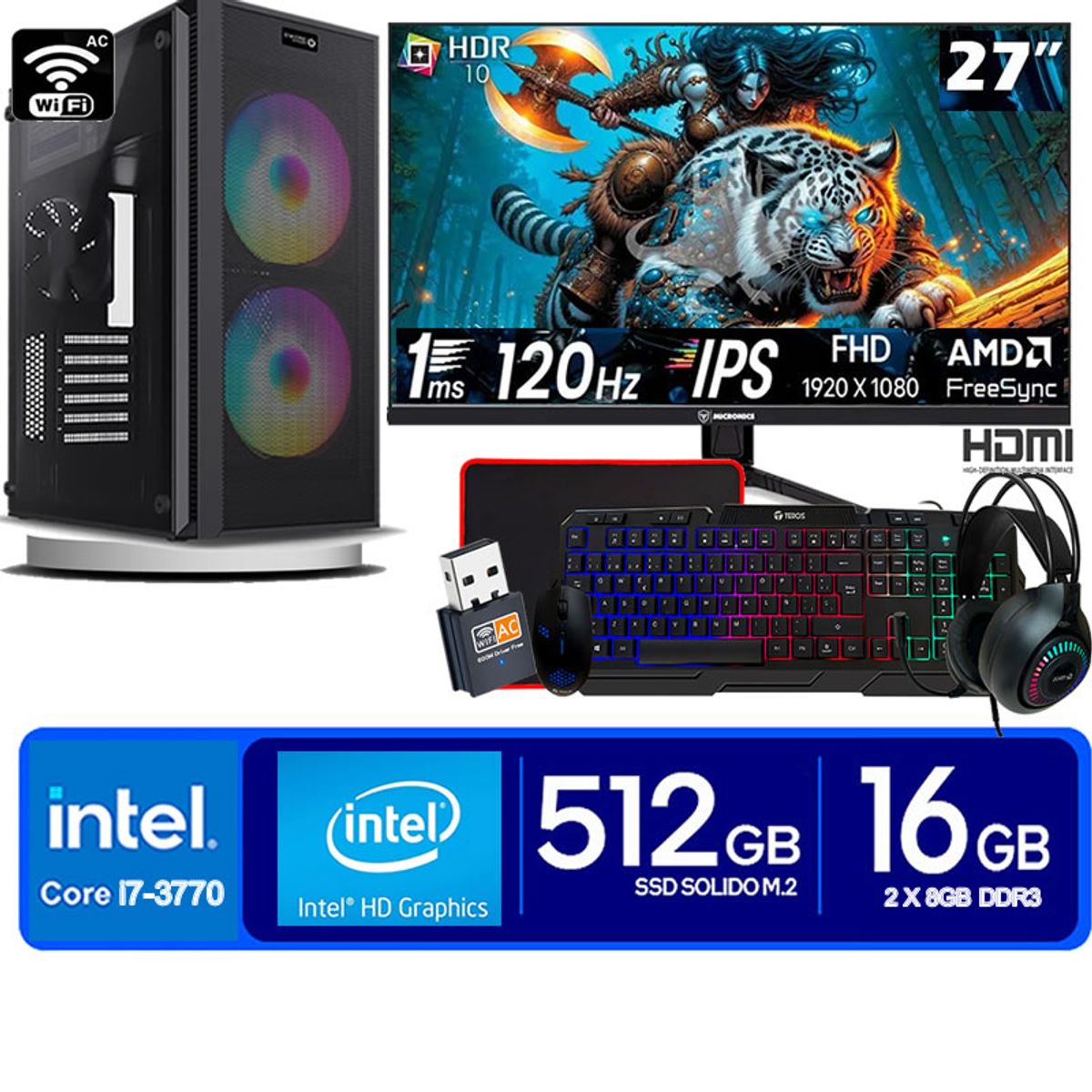 INTEL - Computadora Pc Intel Core i7 3770  Monitor 27 fhd' RAM 16 GB SSD 500 GB wifi