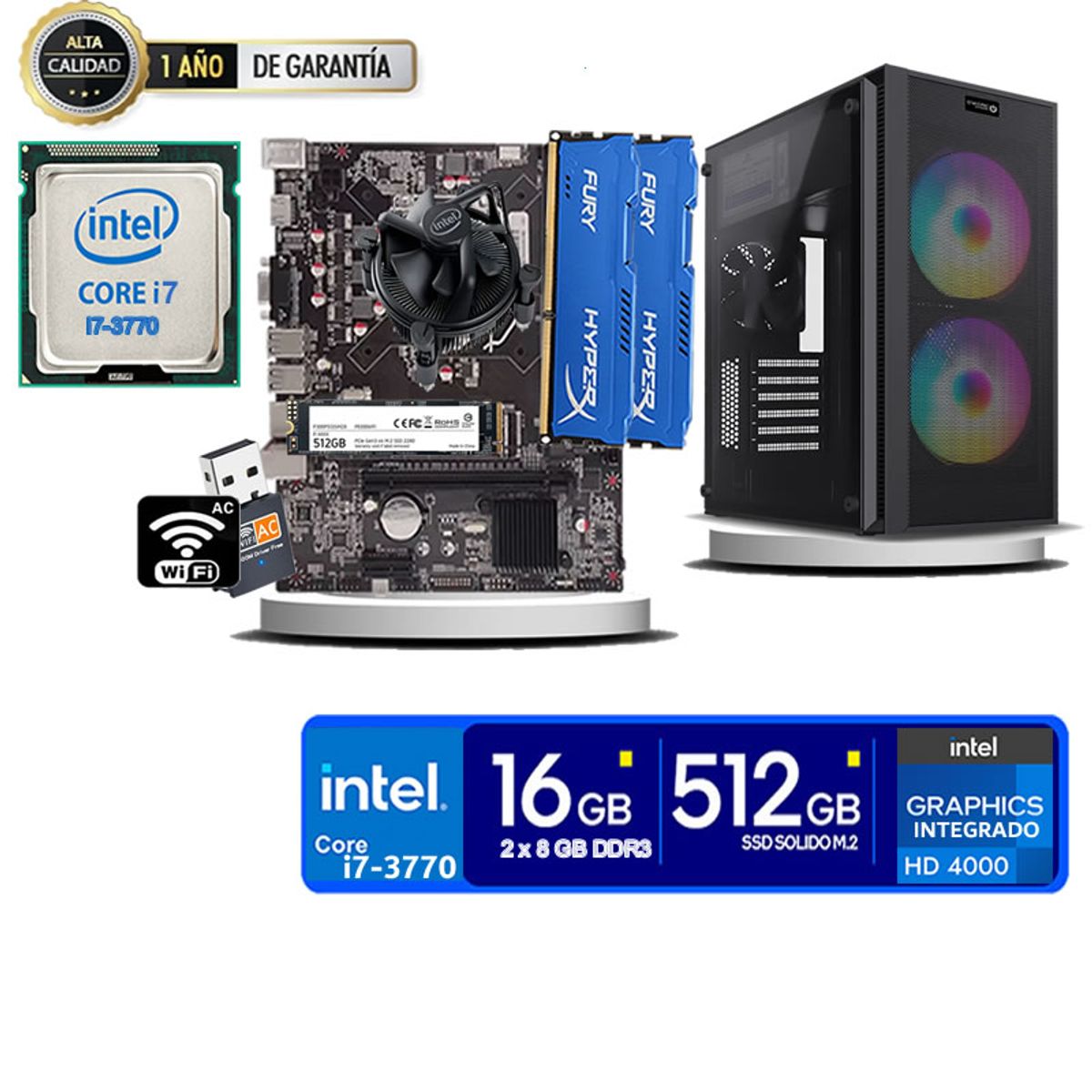 INTEL - Computadora Pc Intel Core i7 3770  Monitor 27 fhd' RAM 16 GB SSD 500 GB wifi