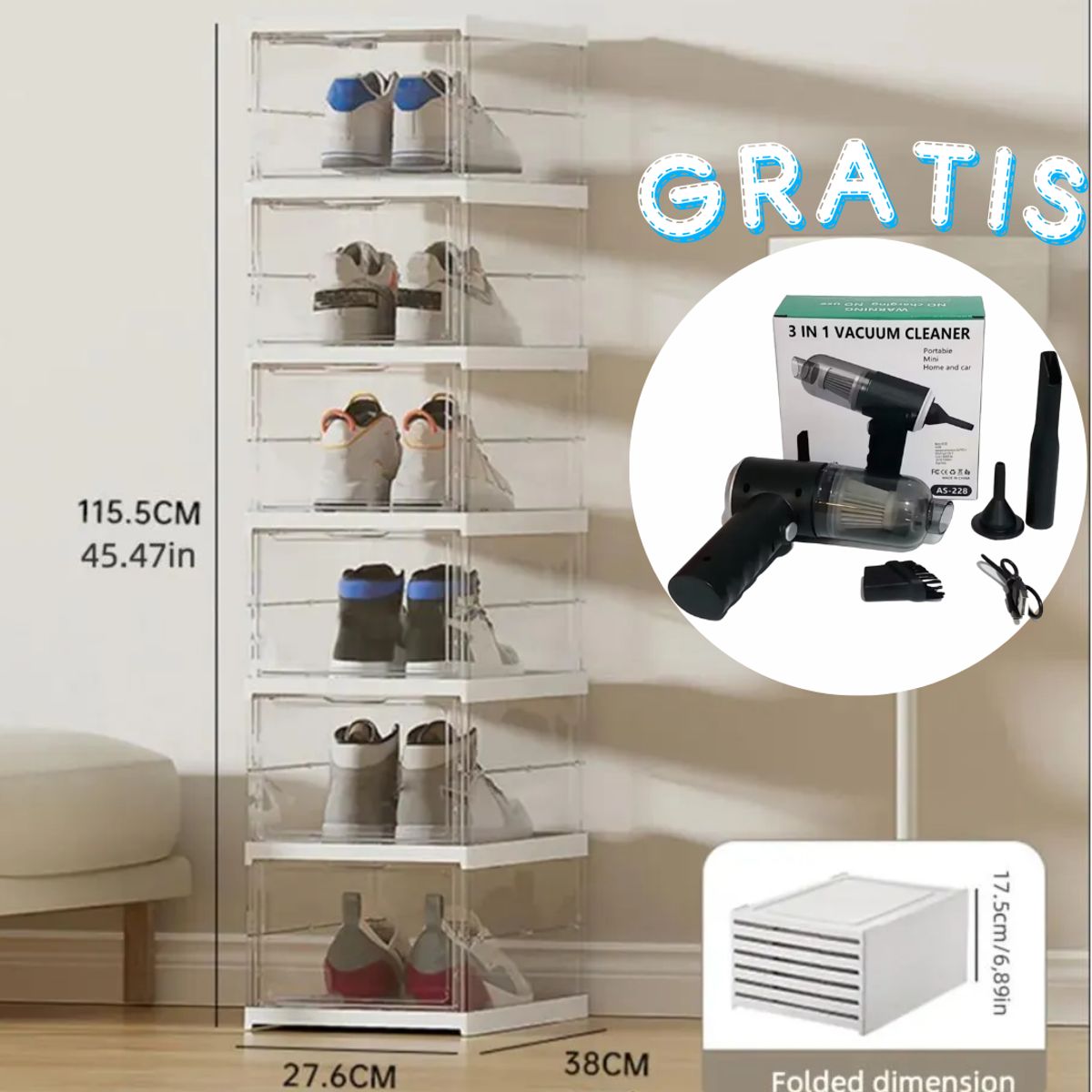 OEM - Zapatera Acrílica Plegable 6 Niveles + Regalo Mini Aspiradora 3 en 1