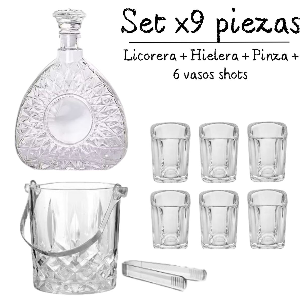 GENERICO - Whisquera Licorera Vidrio Labrado Set x 9 Piezas