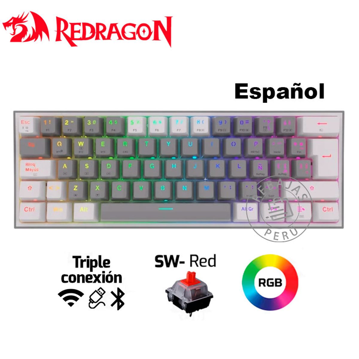 REDRAGON - Teclado Mecánico Gamer Redragon FIZZ PRO 60% RGB Wireless Español