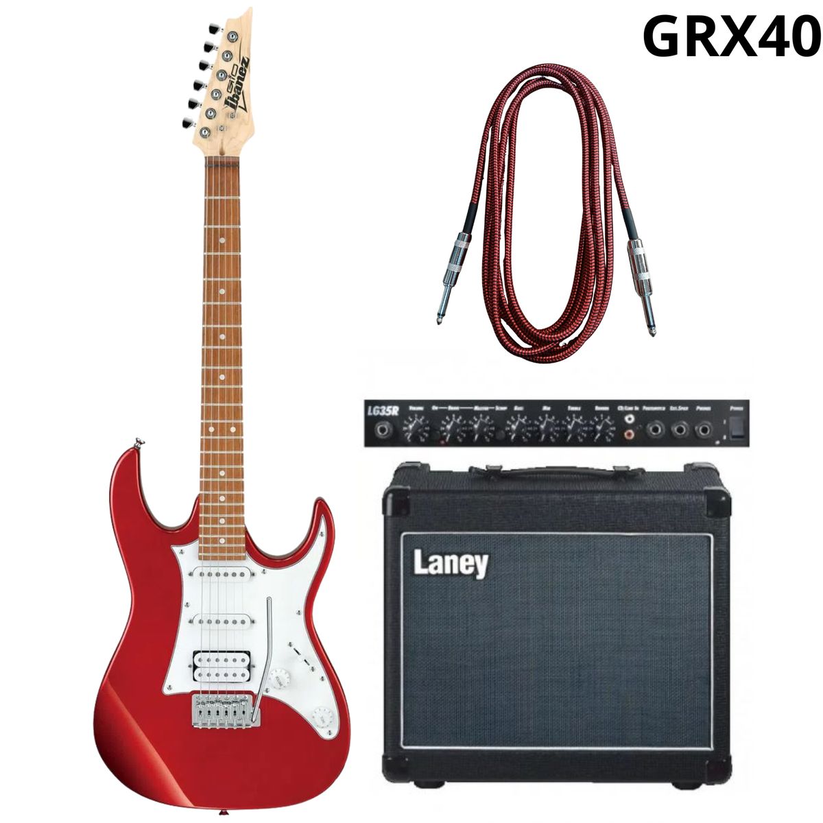 IBANEZ - Pack  Guitarra Eléctrica Ibanez GRX40MGN ROJO C/N+ Amplificador Laney GR35 + cable 6 MT