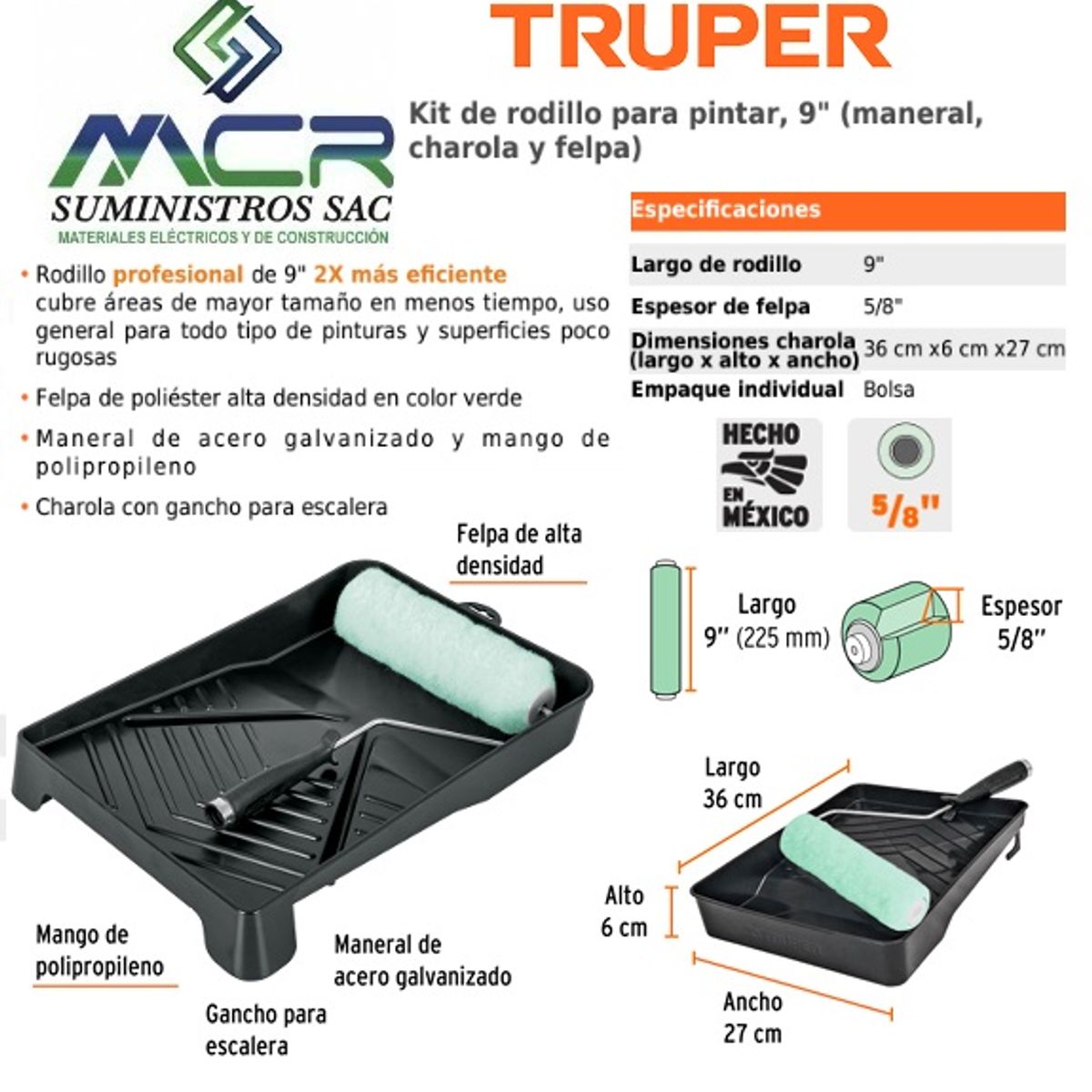 TRUPER - KIT BANDEJA PARA PINTOR CON RODILLO 3 PIEZAS 5/8” TRUPER
