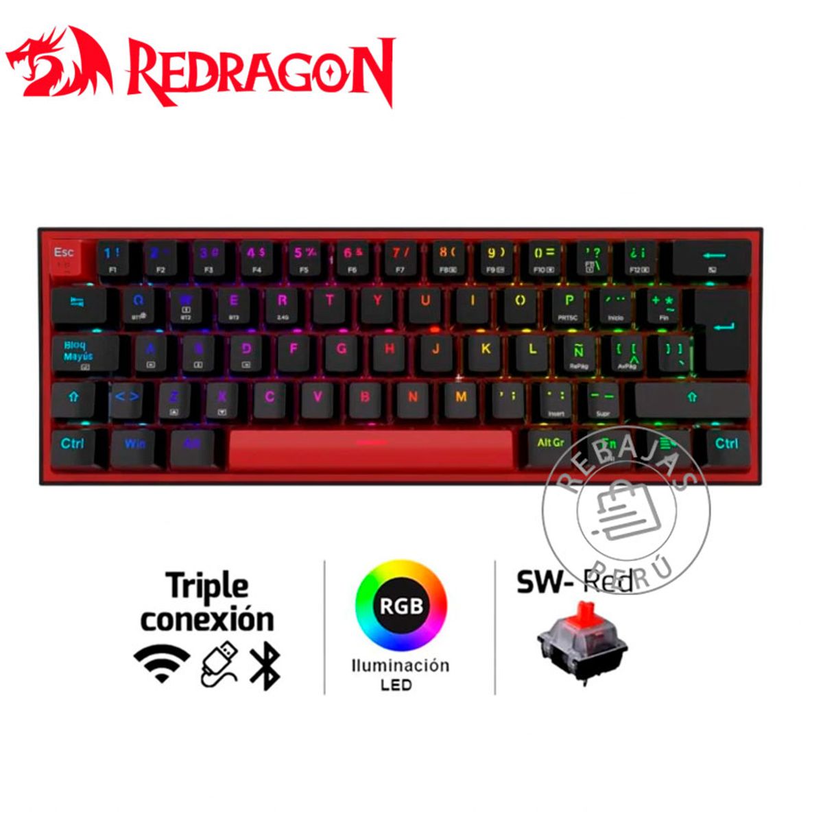 REDRAGON - Teclado Mecánico Gamer Redragon FIZZ PRO 60% RGB Wireless Negro
