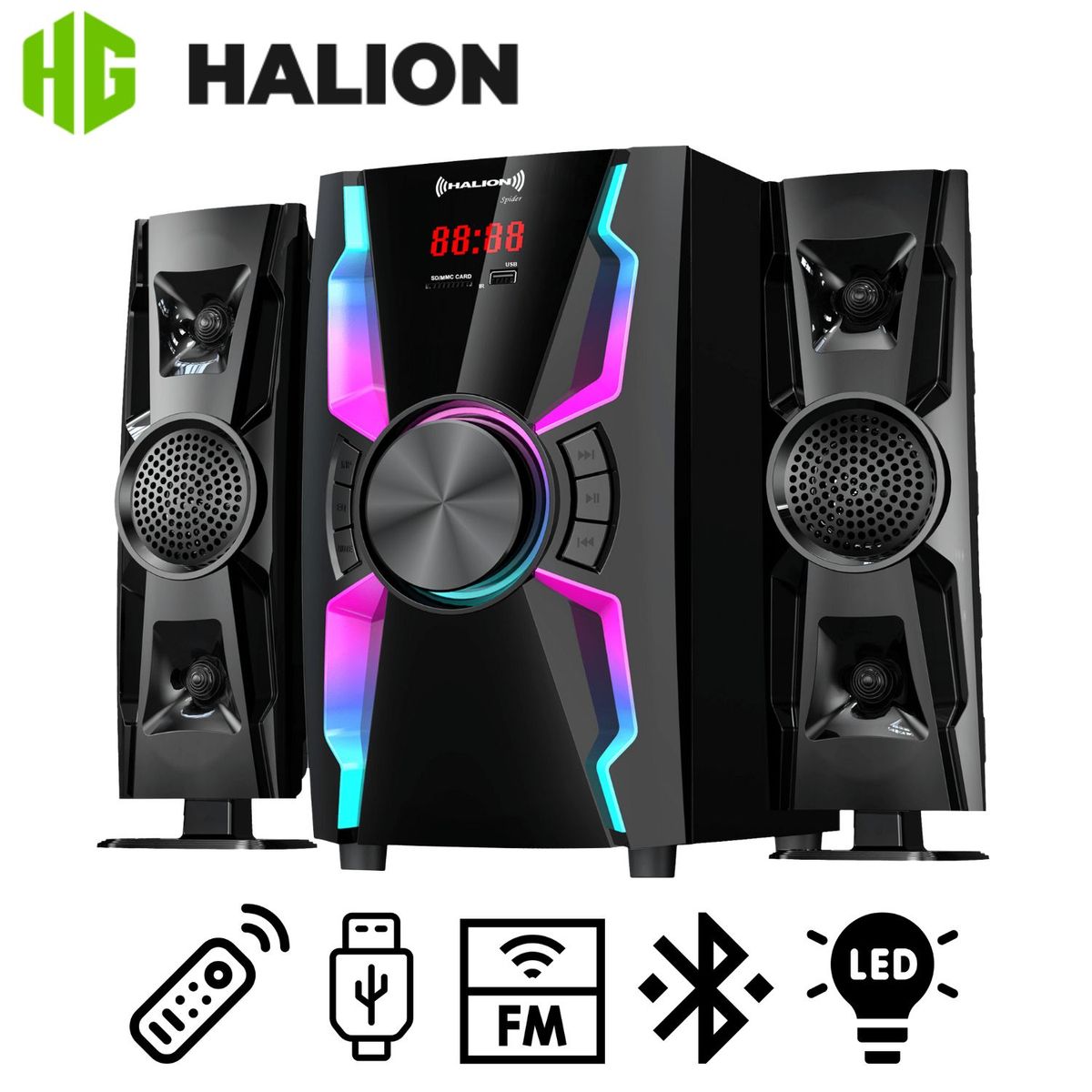 HALION - Parlante Halion HA-F55 Spider 2.1 Subwoofer 6,5″ Luz LED USB SD BT FM