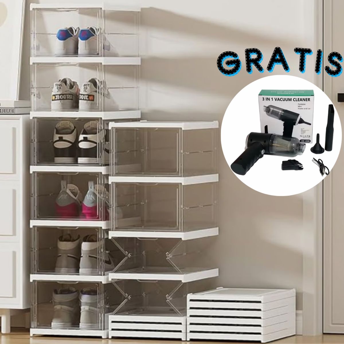OEM - Zapatera Acrílica Plegable 6 Niveles + Regalo Mini Aspiradora 3 en 1