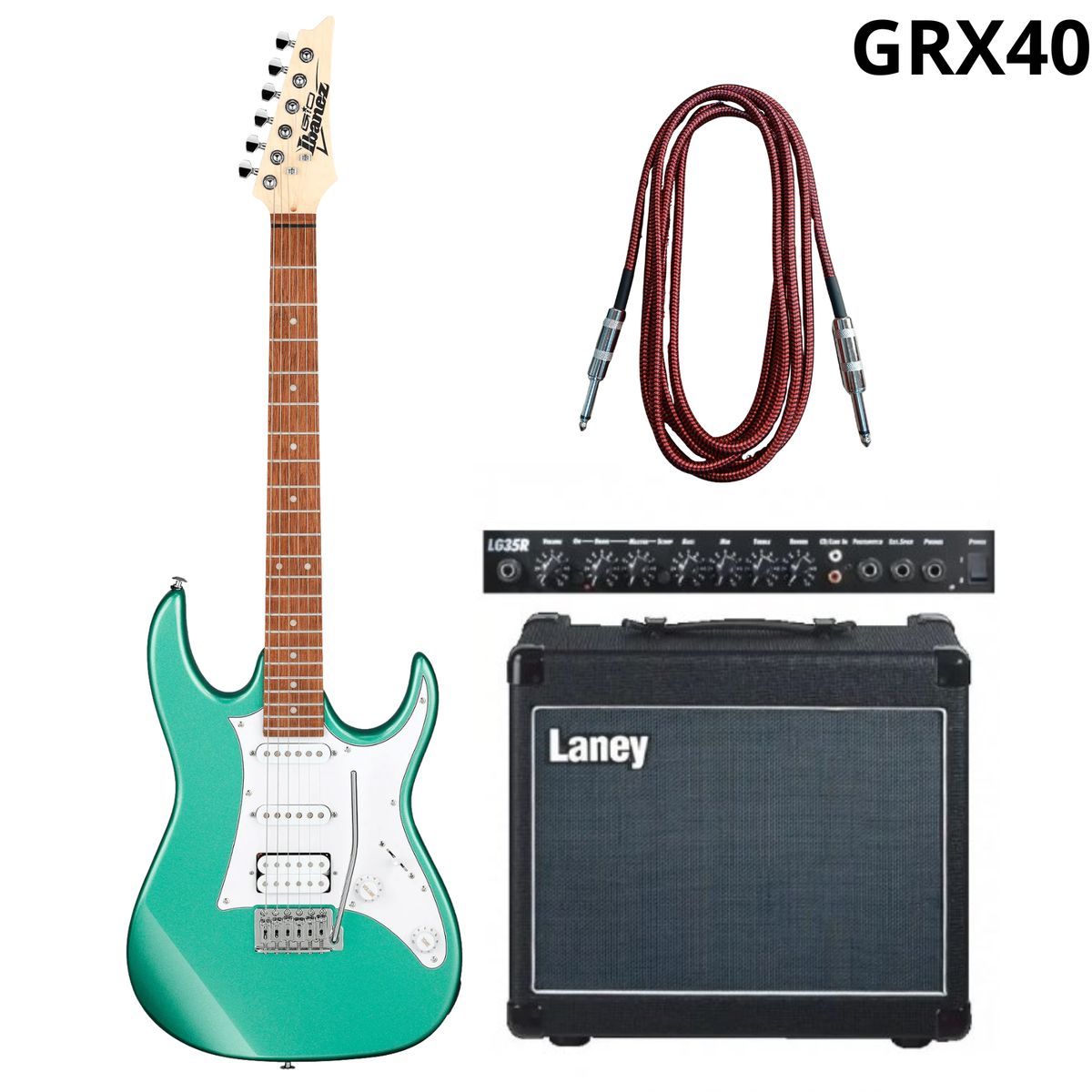 GENERICO - Pack Guitarra Eléctrica Ibanez VERDE con Amplificador LGR35 y cable 6M