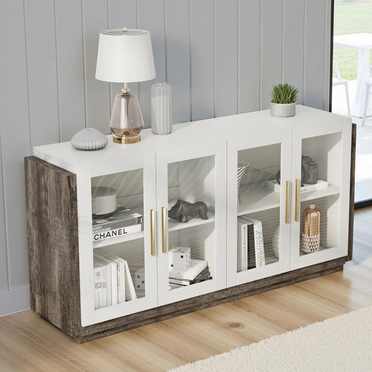 R&R MUEBLES - Aparador Vitrina Moderno Amaori Blanco y Gris R&R MUEBLES