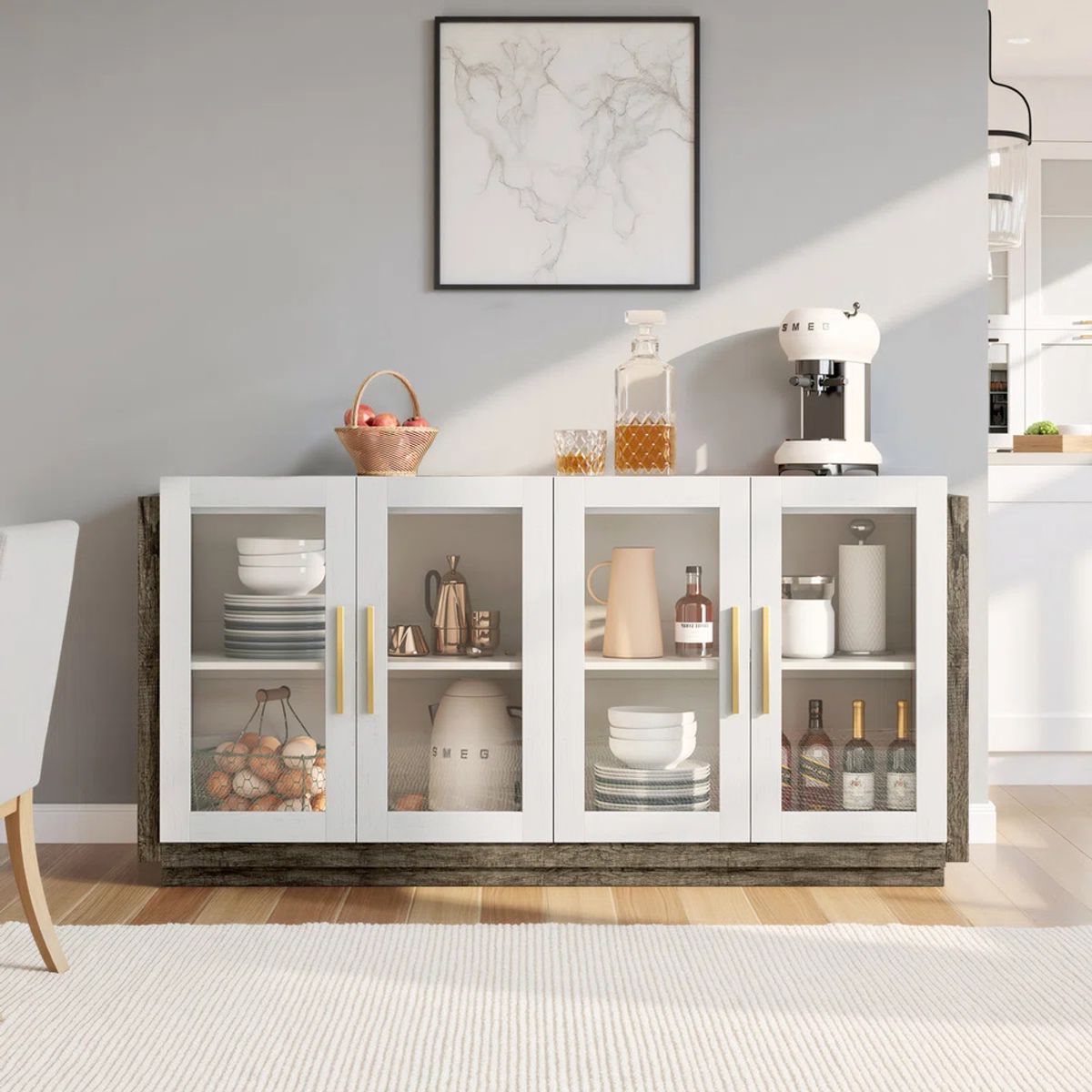 R&R MUEBLES - Aparador Vitrina Moderno Amaori Blanco y Gris R&R MUEBLES