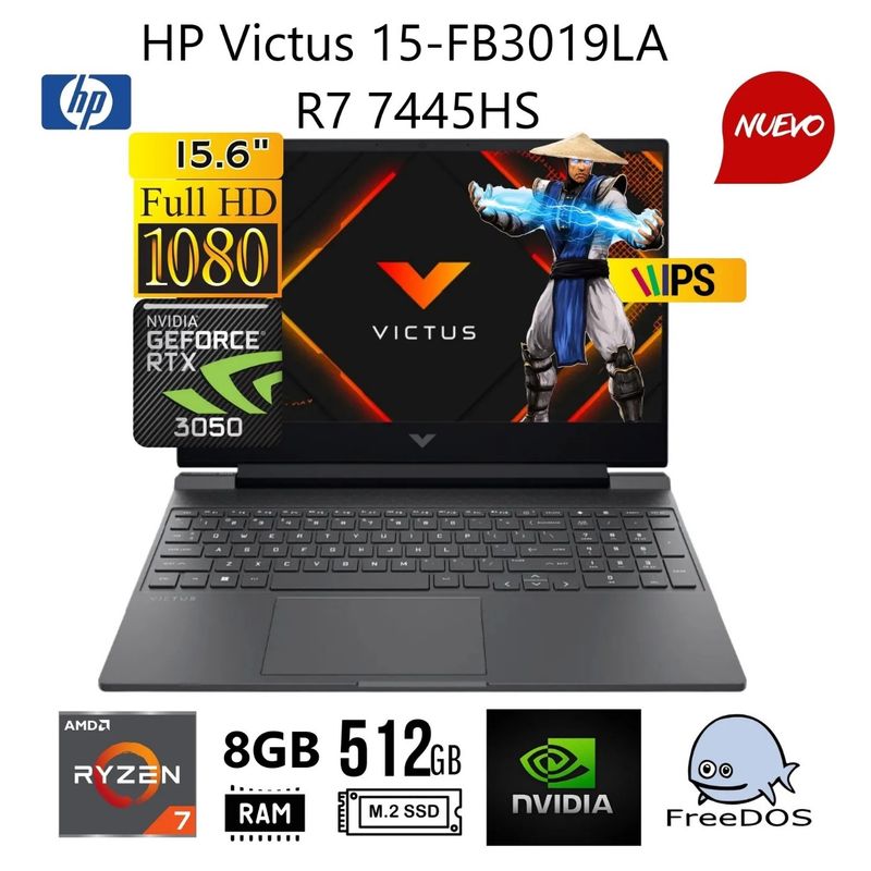 HP - Notebook Gaming HP Victus 15-FB3019LA, 15.6" FHD IPS, AMD Ryzen 7 7445HS Hasta 4.7GHZ, 8GB