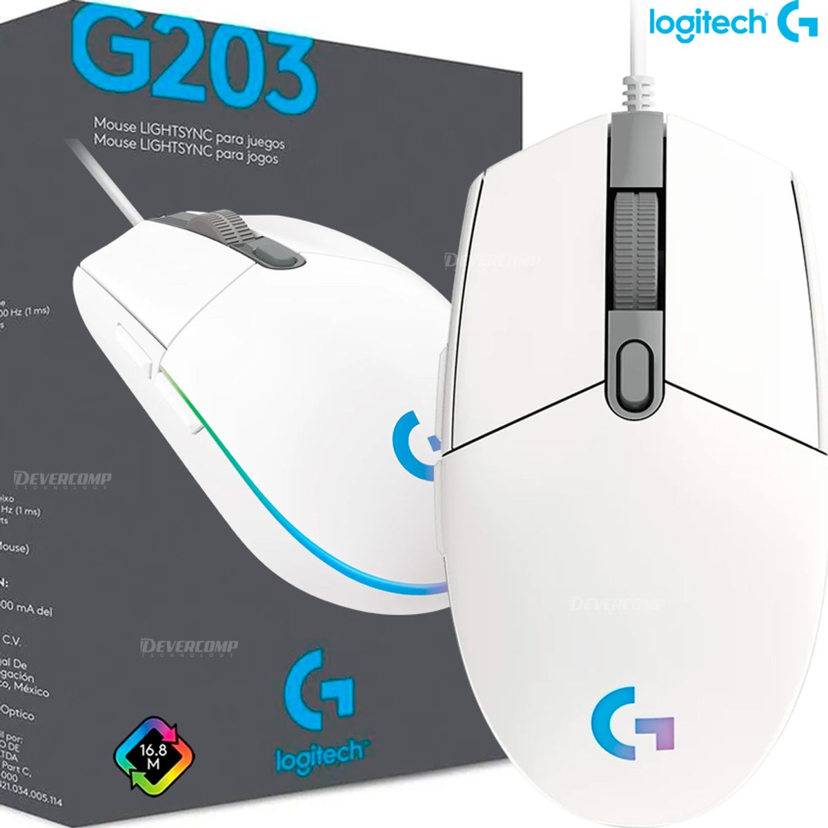 LOGITECH - Mouse Gamer Logitech G203 LIGHTSYNC RGB 8000 DPI 6 Botones USB Blanco