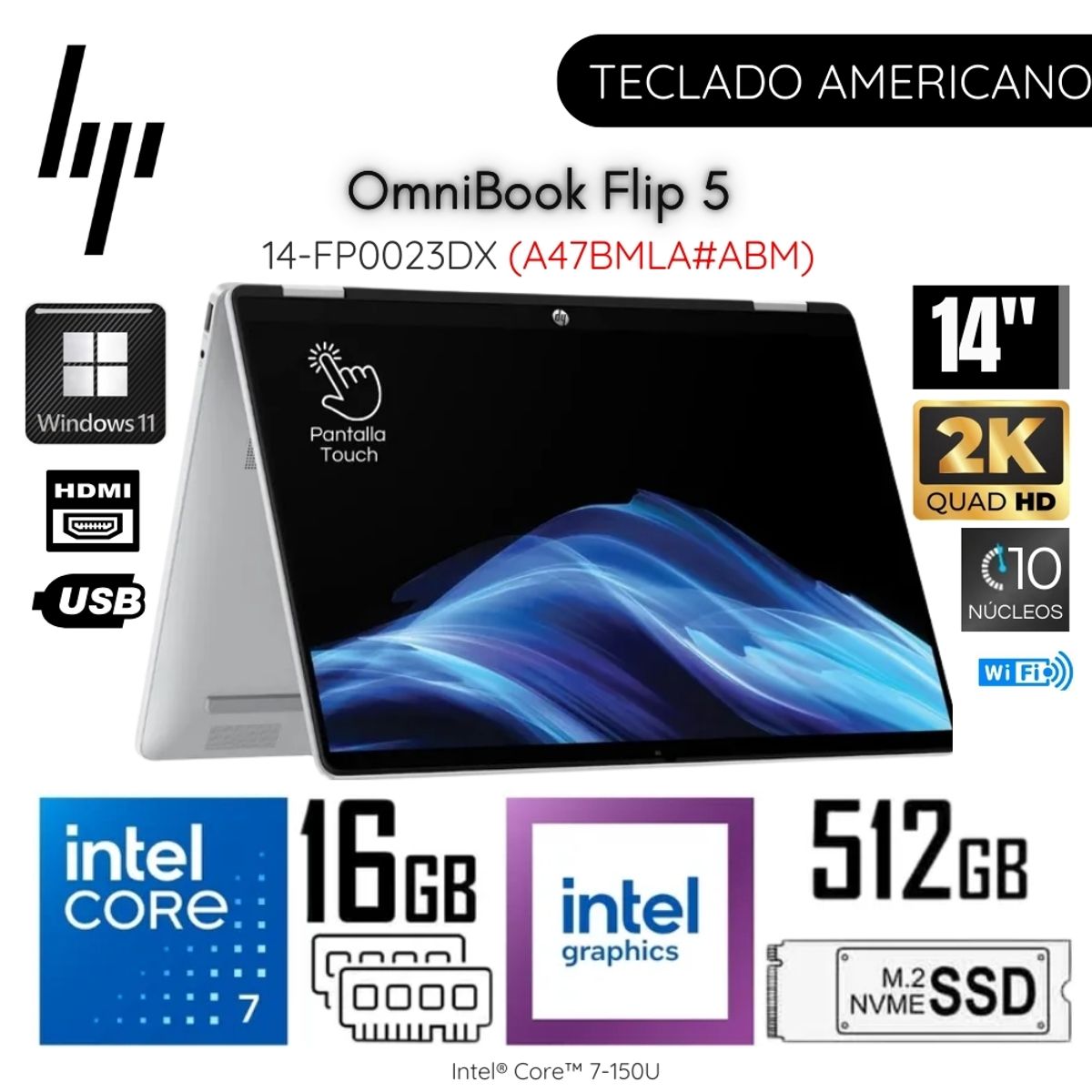 HP - Laptop HP OmniBook 5 Flip 14-FP0023DX  Intel Core 7 150U 16GB RAM 512GB SSD 14"  2K Touch - Silver