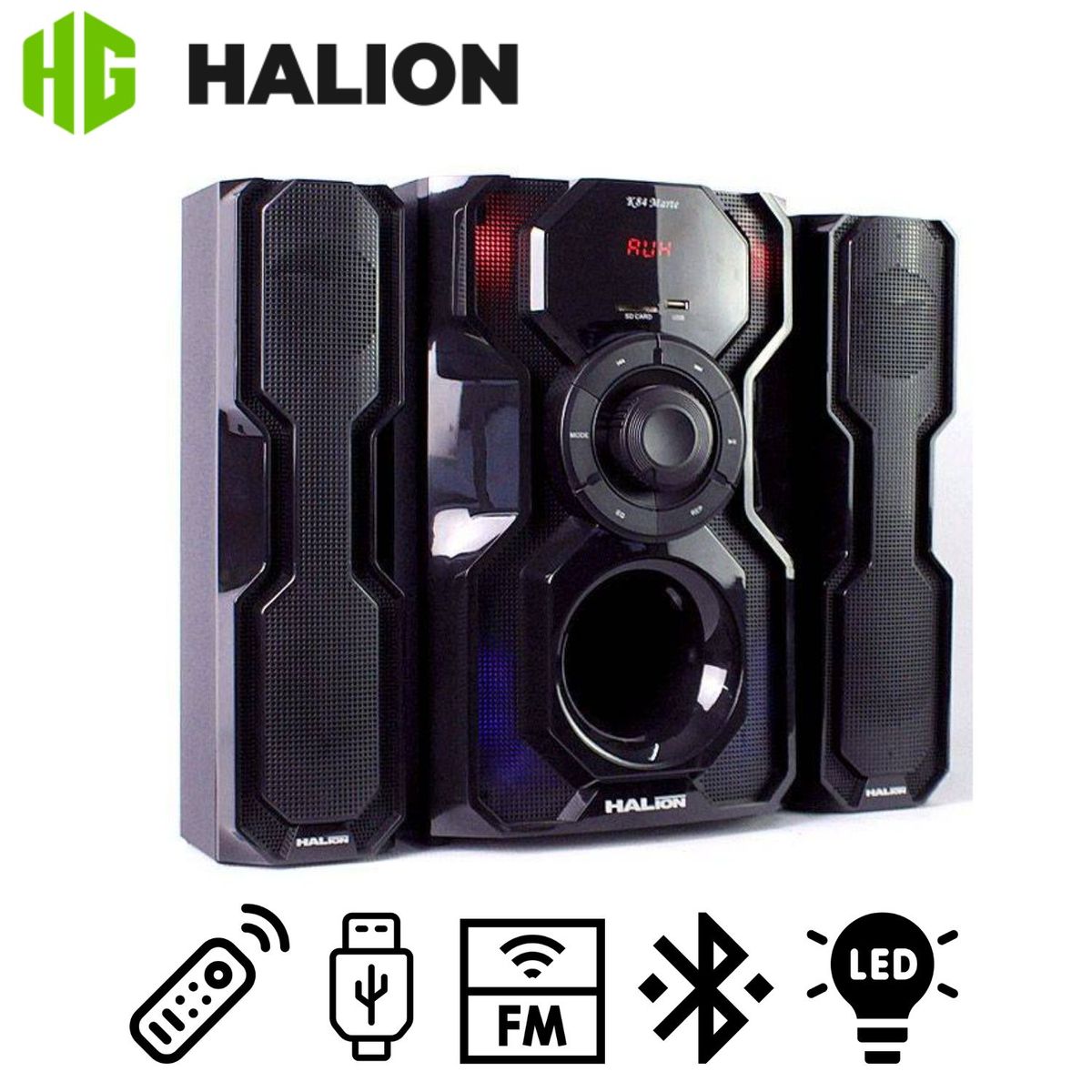 HALION - Parlante Halion HA-K84 Marte 2.1 Subwoofer 8"  Luces LED USB SD BT FM