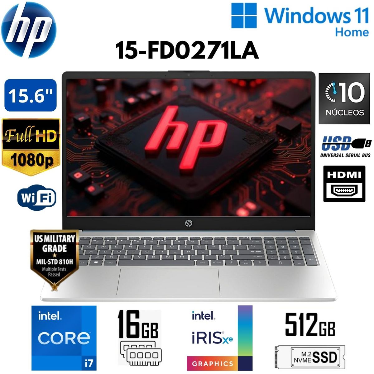 HP - Laptop HP 15-FD0271LA Intel CoreI7-1355U 16GB 512GB SSD 13Va Gen  FHD 15.6” Windows 11 Home