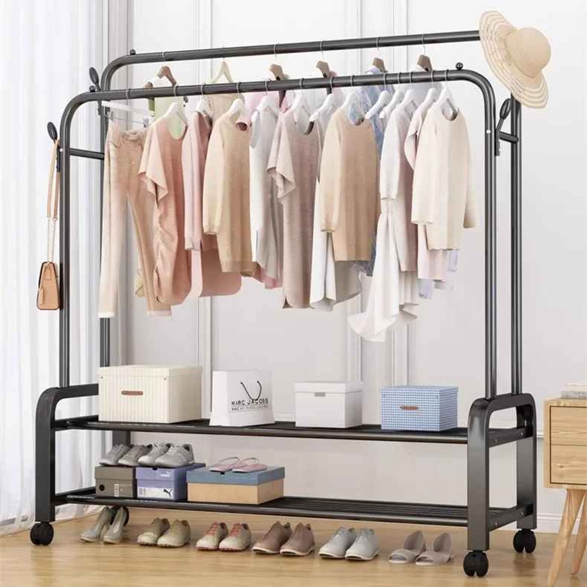 GENERICO - ESTANTE ORGANIZADOR PERCHERO DE 2 NIVELES CON RUEDAS