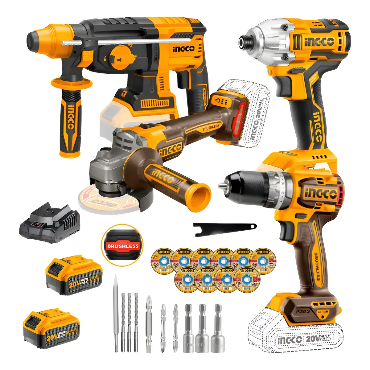 INGCO TOOLS - Kit Inalámbrico + Atornillador + Amoladora + Taladro + Accesorios