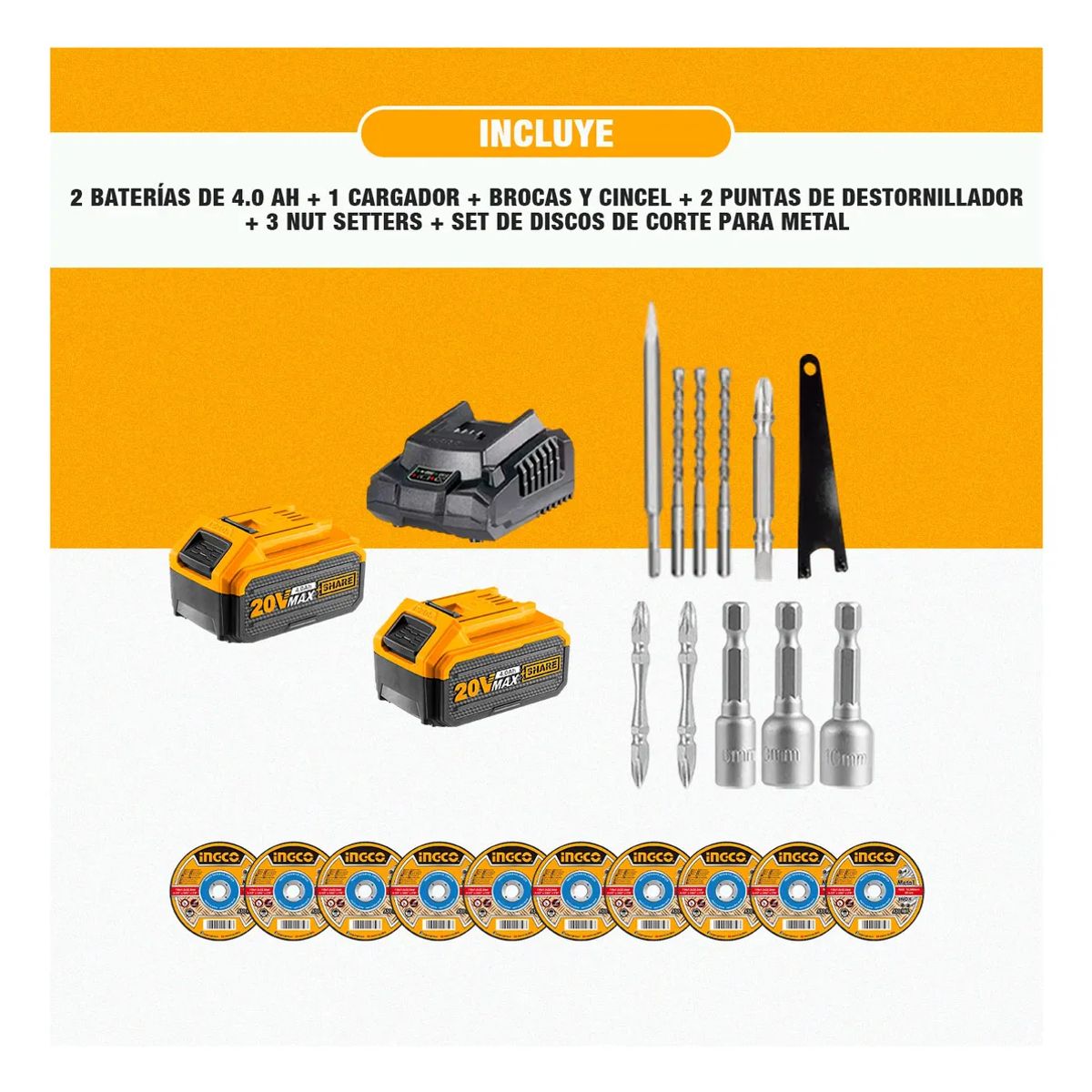 INGCO TOOLS - Kit Inalámbrico + Atornillador + Amoladora + Taladro + Accesorios