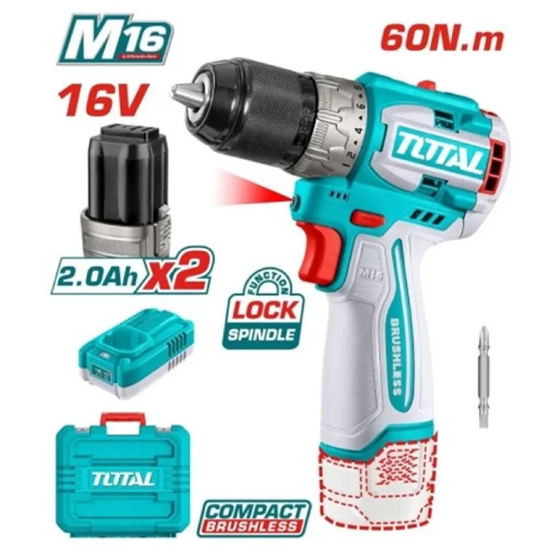 TOTAL TOOLS - TALADRO ATORNILLADOR INDUSTRIAL 16V 13MM BRUSHLESS 60NM - TDLI16682
