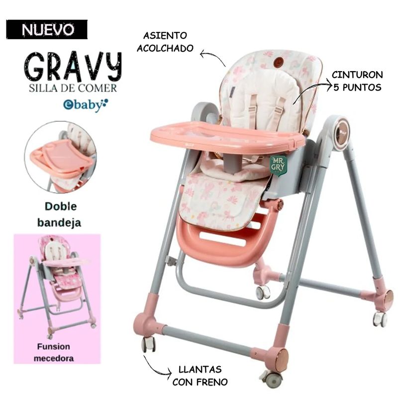 EBABY - Silla de Comer para Bebe Regulable GRAVY ROSA