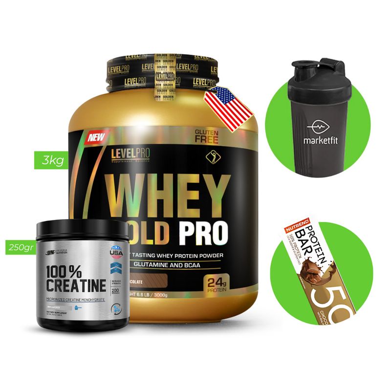 LEVEL PRO - WHEY GOLD PRO  3kg CHOCOLATE LP + CREATINA 250 GR UN + Regalos