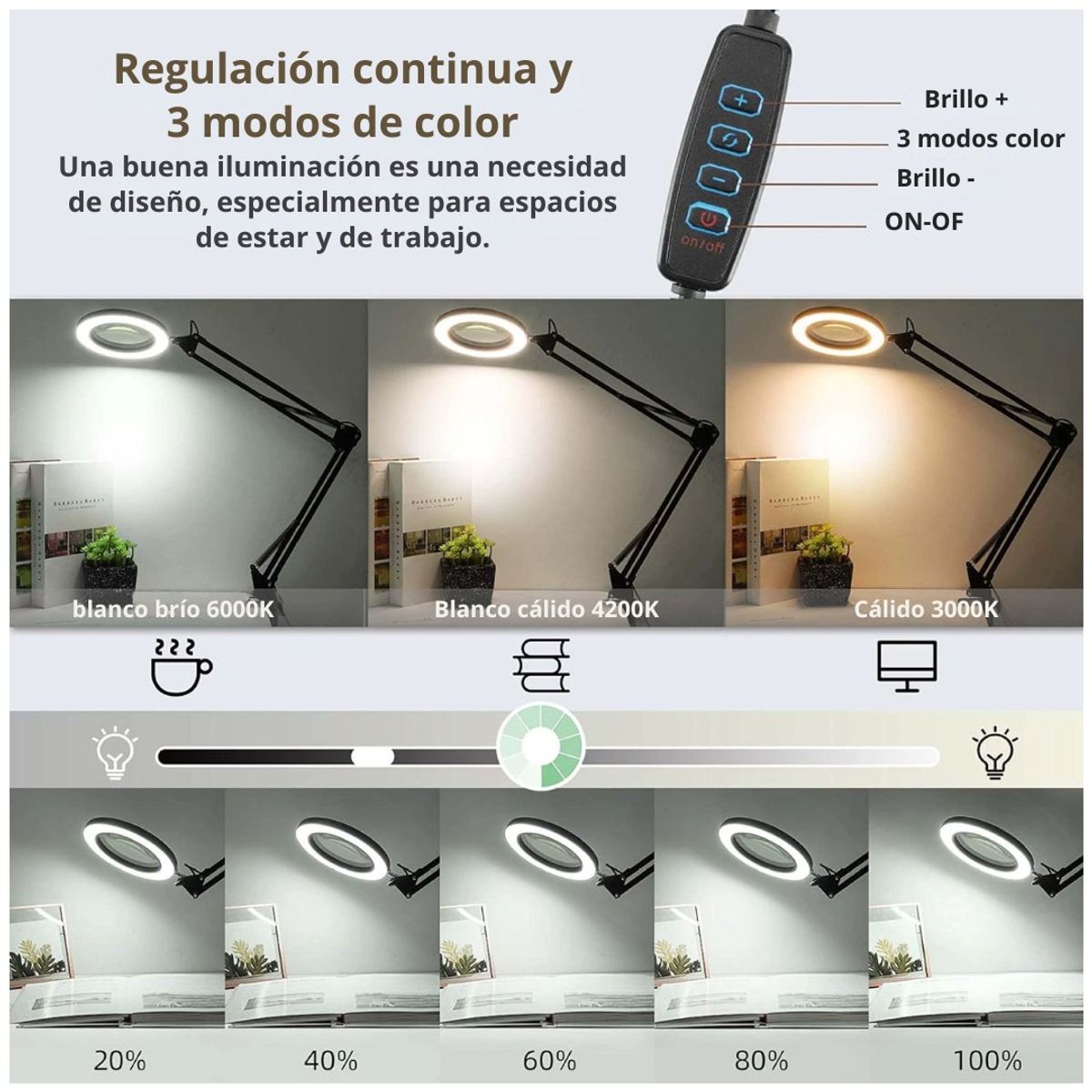 SEISA - Lámpara Lupa LED 10X con Brazo Articulado, 10 Niveles y 3 Colores USB