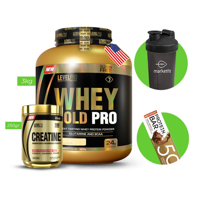 LEVEL PRO - WHEY GOLD PRO  3kg VAINILLA LP +  CREATINA 250 GR LEVEL PRO + Regalos