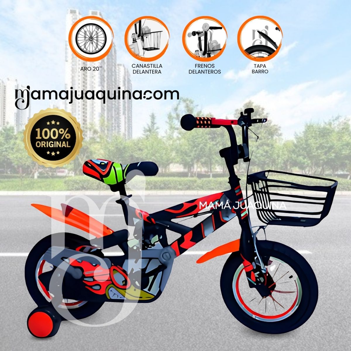 BABY - Bicicleta con Canasta Aro 20 «GUNGOR II» con Llantas de Apoyo Orange