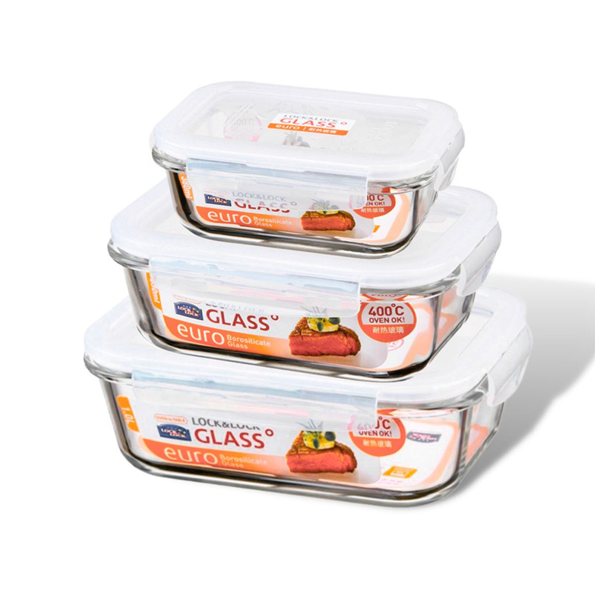 LOCK & LOCK - Set x3 Envases Herméticos Rectangular de Vidrio Boroseal 380ml + 630ml + 1 L