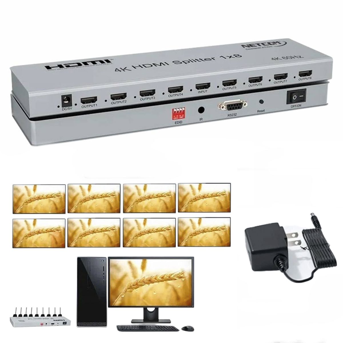 NETCOM - Splitter HDMI 1x8 Metalico 2.0 4K 60Hz 8 pantallas HDCP 2.3 RS232