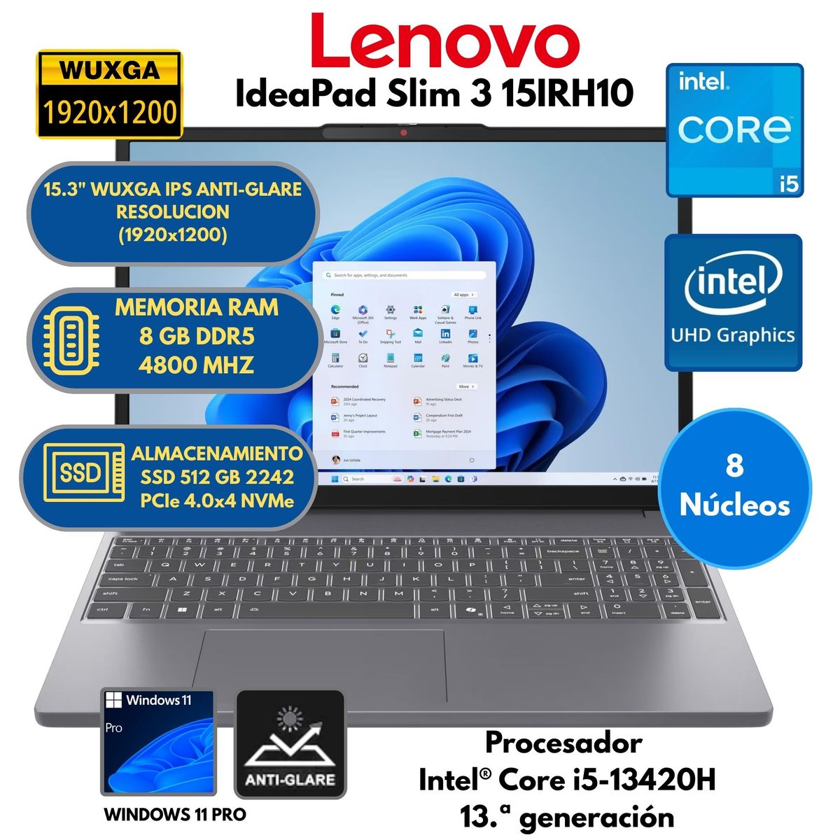 LENOVO - Laptop Lenovo IdeaPad Slim 3 15IRH10 Intel® Core i5-RAM 8 GB SSD 512 GB 15.3" WUXGA  Windows 11 PRO