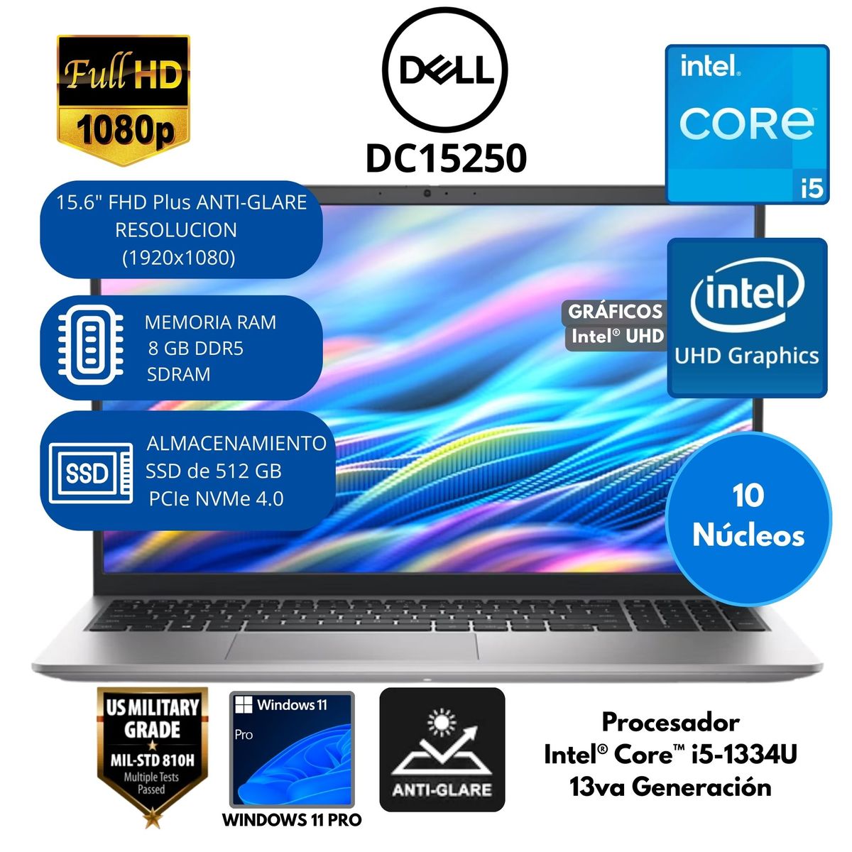 DELL - Laptop Dell Intel Core i5 (DC15250) RAM 8 GB SSD 512 GB 15.6" FHD Windows 11 PRO