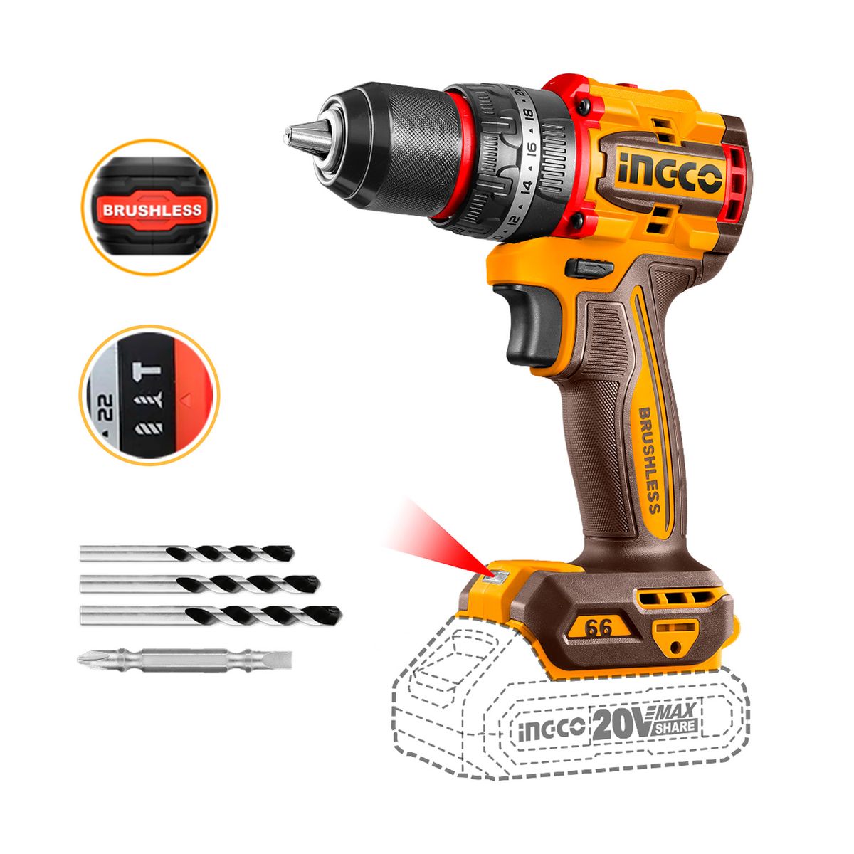 Taladro Percutor 13mm Inalámbrico 20v Brushless 2velocidades, marca INGCO TOOLS - Foto Principal