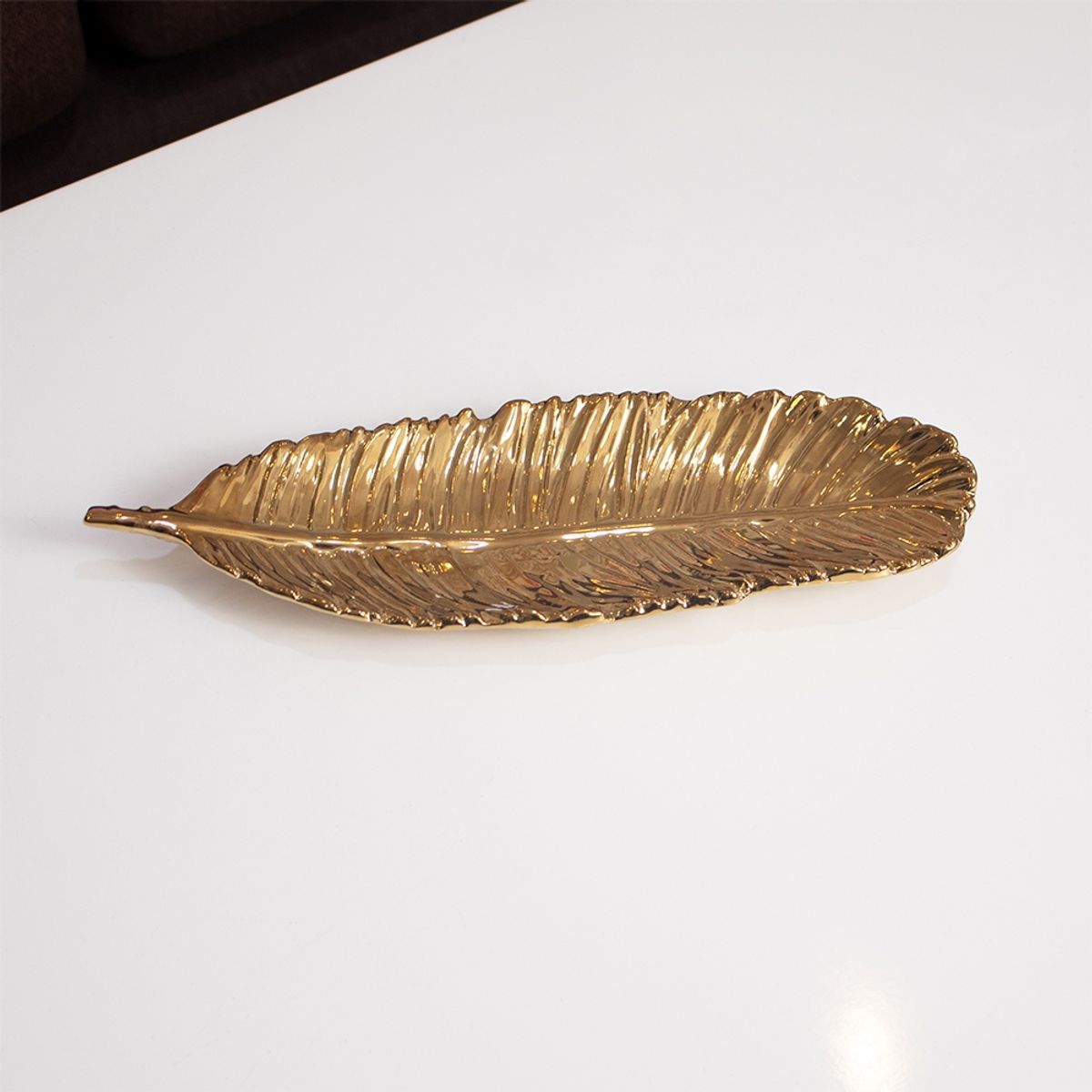 PANORAMA HOGAR - Centro De Mesa Diseño Hoja Dorado 38Cm Ceramica Decorativo
