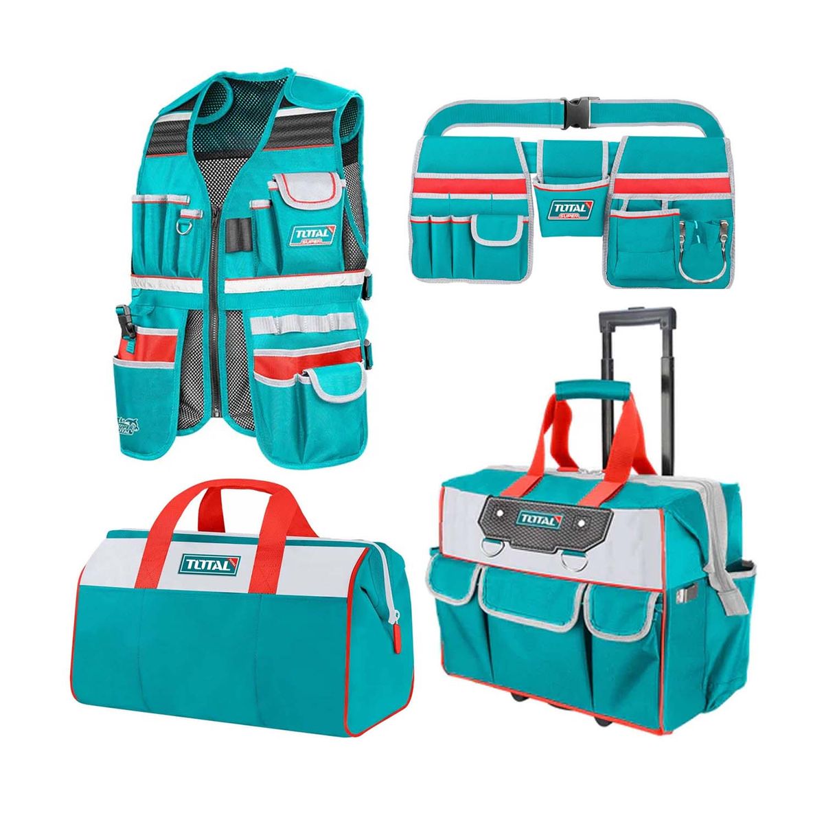 TOTAL TOOLS - SET 4 BOLSAS DE HERRAMIENTAS CINTURON+CHALECO+BOLSO+MALETA