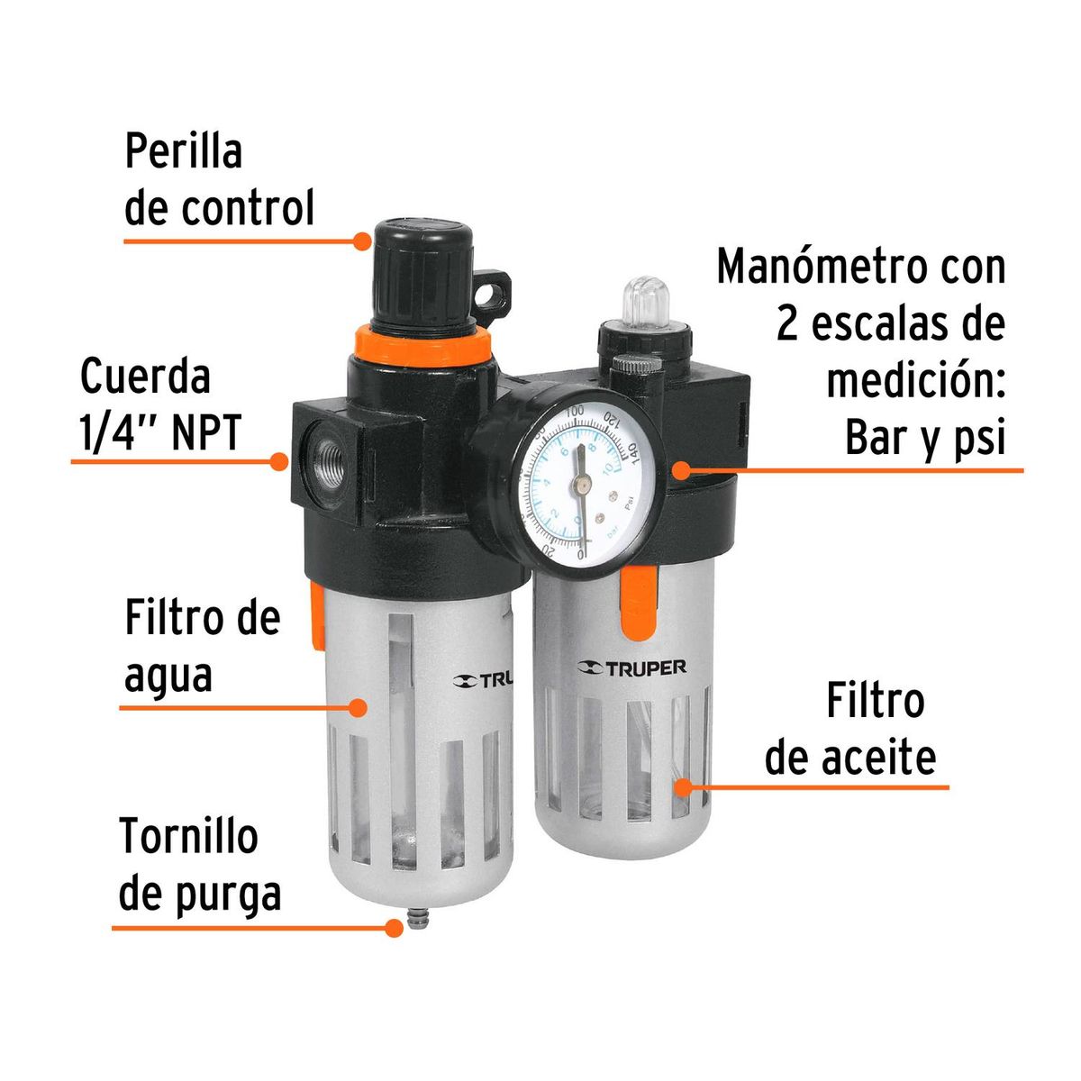 TRUPER - Filtro y regulador de aire con módulo de lubricación. truper