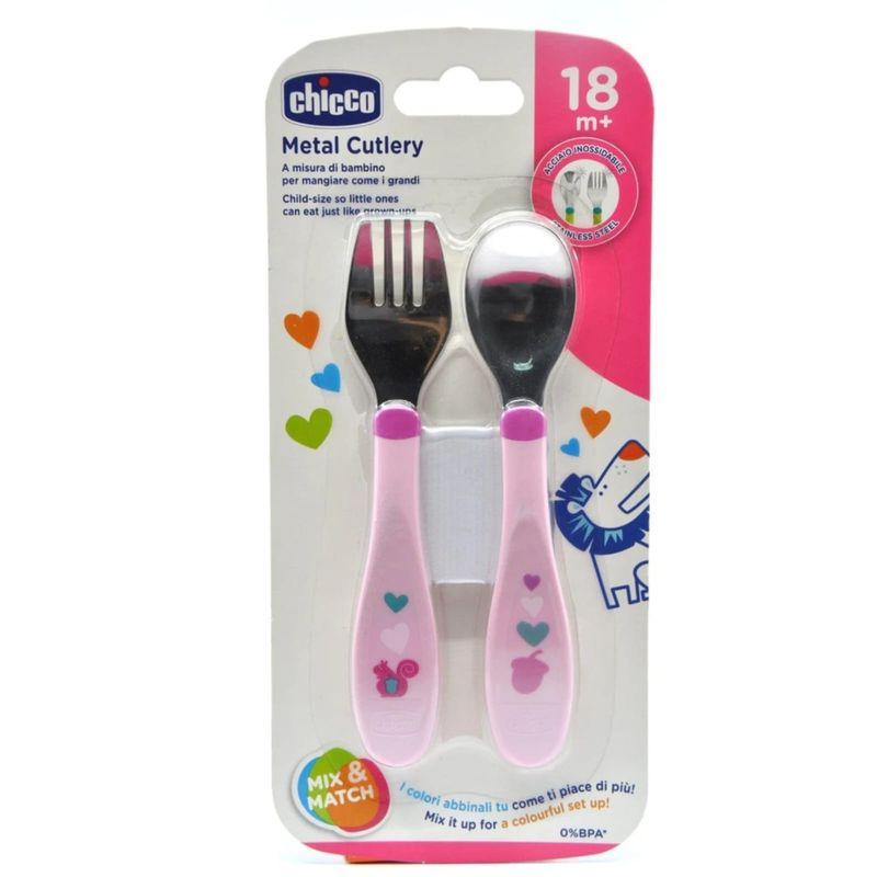 CHICCO - JUEGO DE CUBIERTOS DE METAL CHICCO  ROSADO DE 18 meses  A MAS
