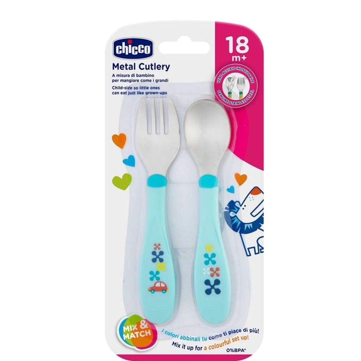 Chicco - JUEGO DE CUBIERTOS DE METAL CHICCO  CELESTE DE 18 meses  A MAS