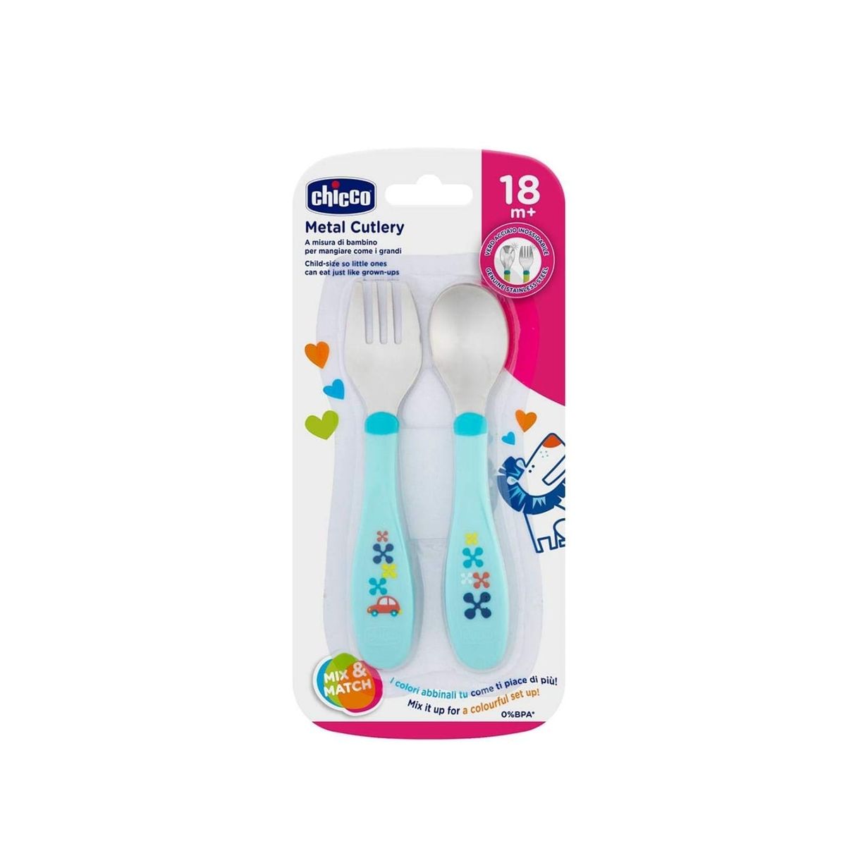 Chicco - JUEGO DE CUBIERTOS DE METAL CHICCO  CELESTE DE 18 meses  A MAS