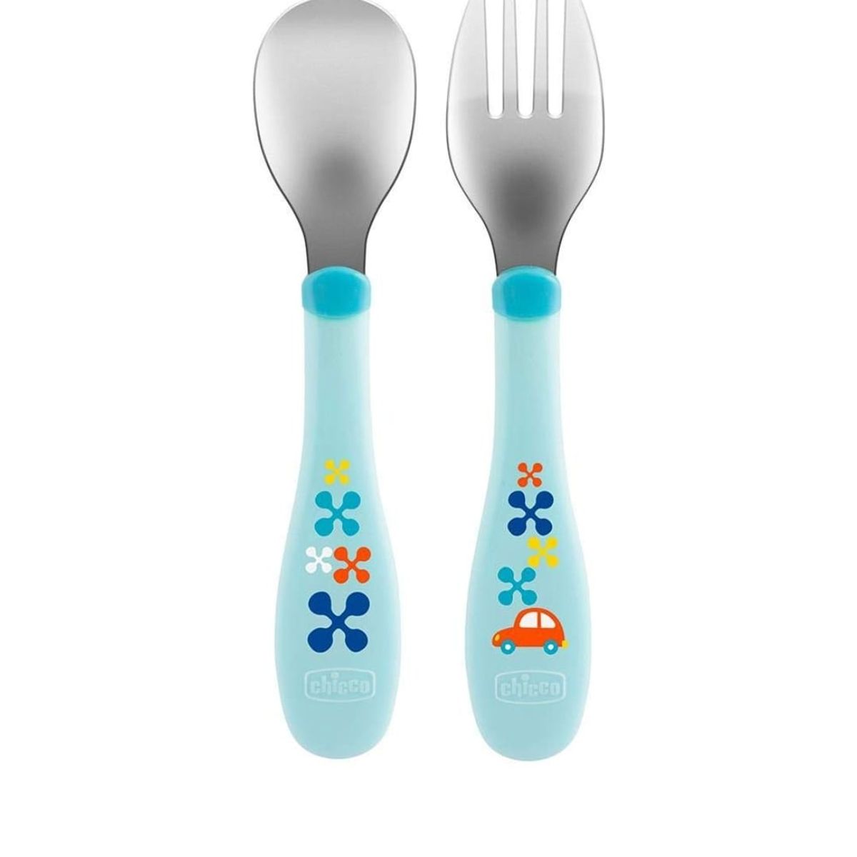 Chicco - JUEGO DE CUBIERTOS DE METAL CHICCO  CELESTE DE 18 meses  A MAS