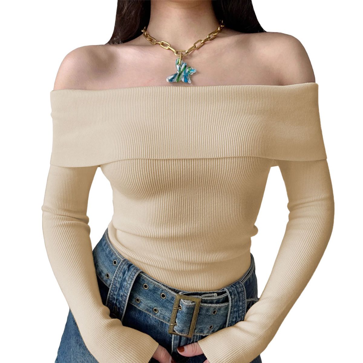 GENERICO - Polo Mujer Rumbera Manga Larga Rib Grueso New 710-16 Color Beige